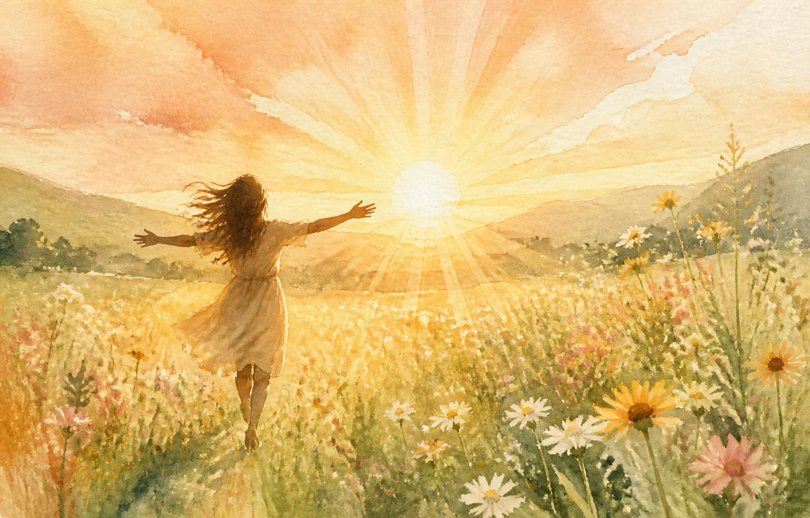 Watercolor sunrise over a wildflower meadow with a figure running freely, arms open